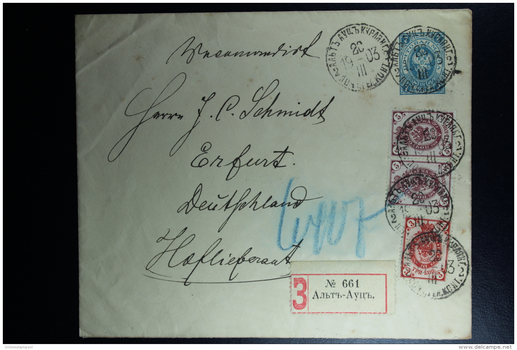 Russian Latvia : Stationary Cover U47 B Registered  Alt Autz  Kurland 1903 Uprated To Erfurt Germany - Postwaardestukken