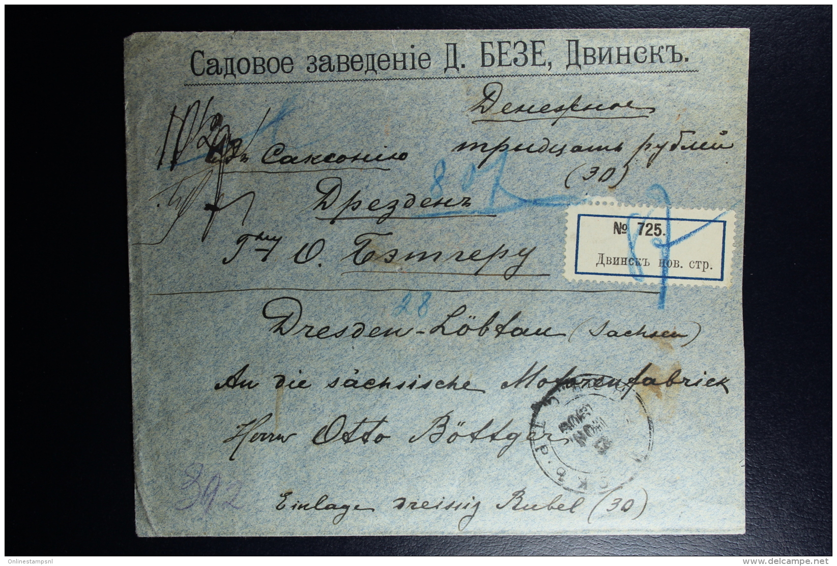 Russian Latvia : Registered Cover 1906 Witebsk  Dunaburg  Waxed Sealed Wert-Zettel To Dresden Germany - Covers & Documents