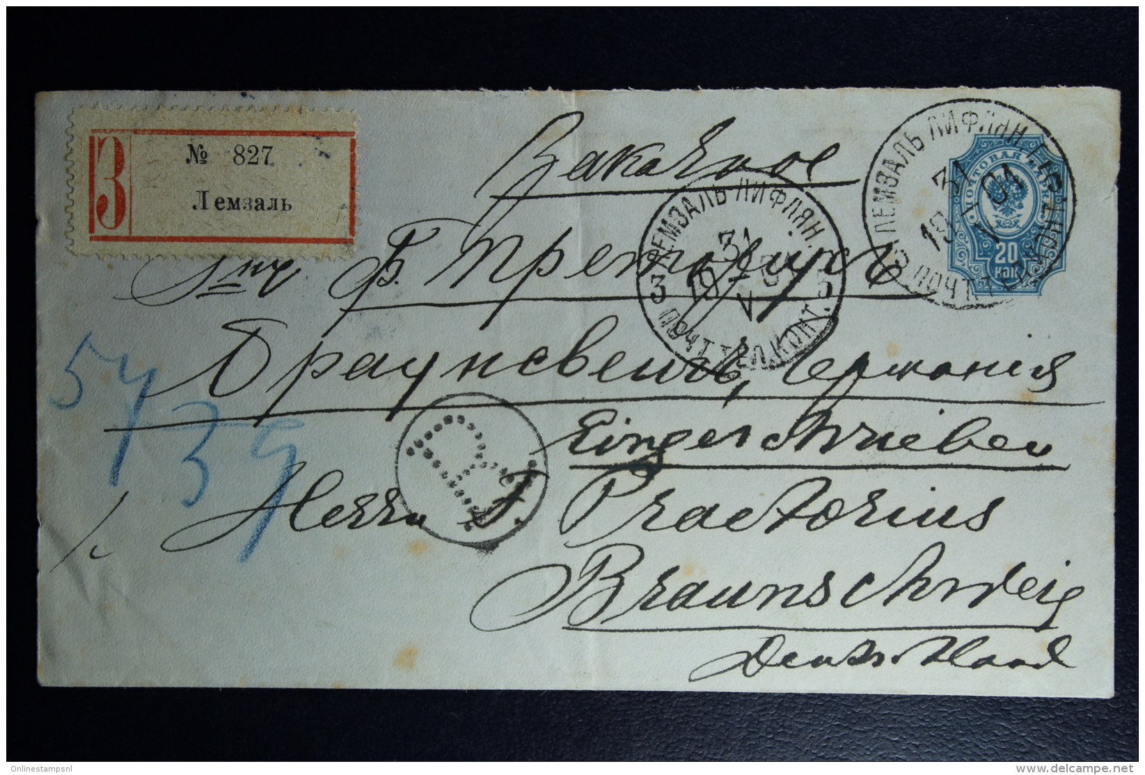 Russian Latvia : Stationary Cover Mi Nr U35 A  1901 Lemsalto Braunschweig Registered - Stamped Stationery