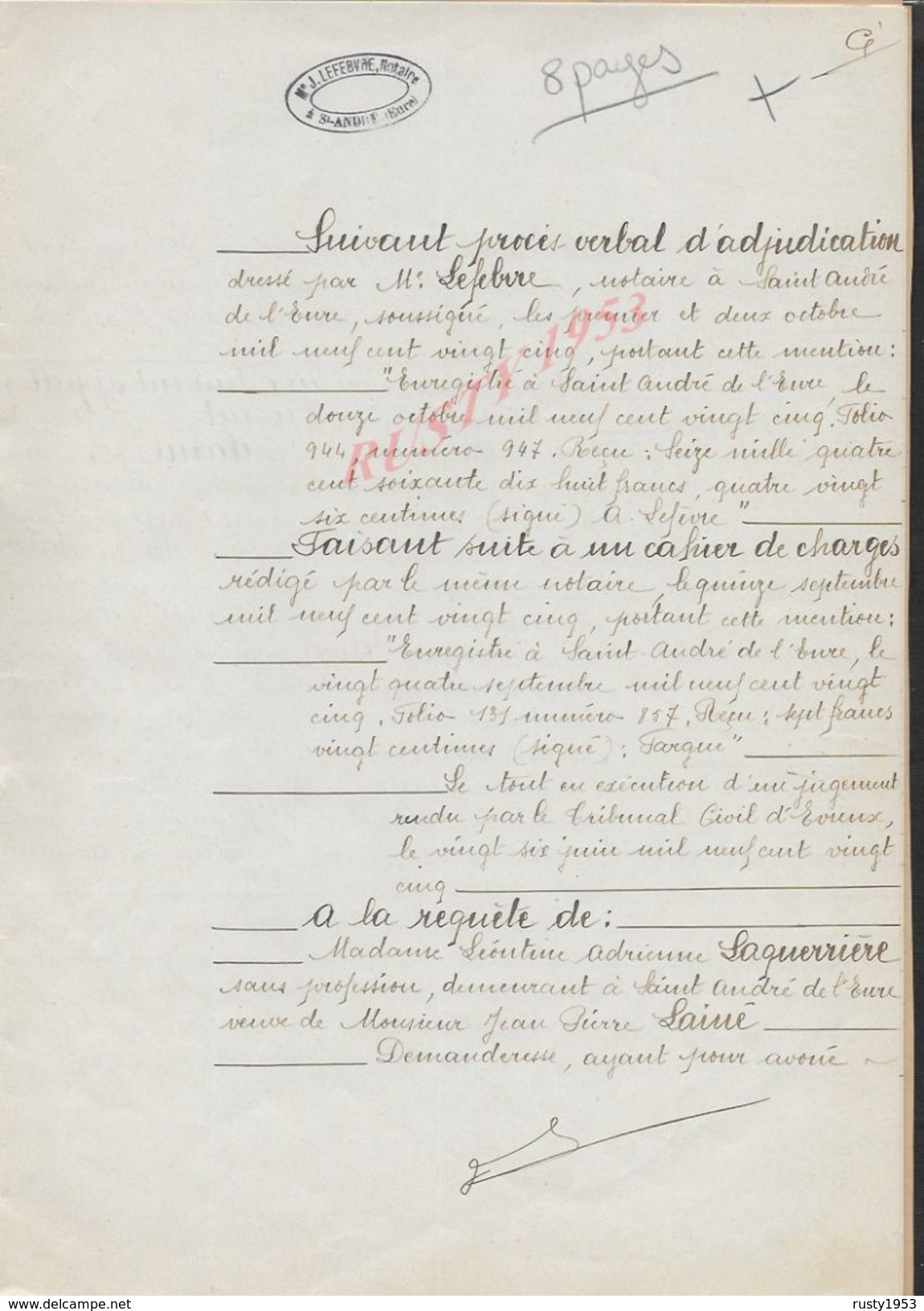 CHAMPIGNY LA FUTELAYE 1925 ACTE DE TERRES ENTRE MR CHARGES LAINÉ À VERDET 8 PAGES : - Manuscripts