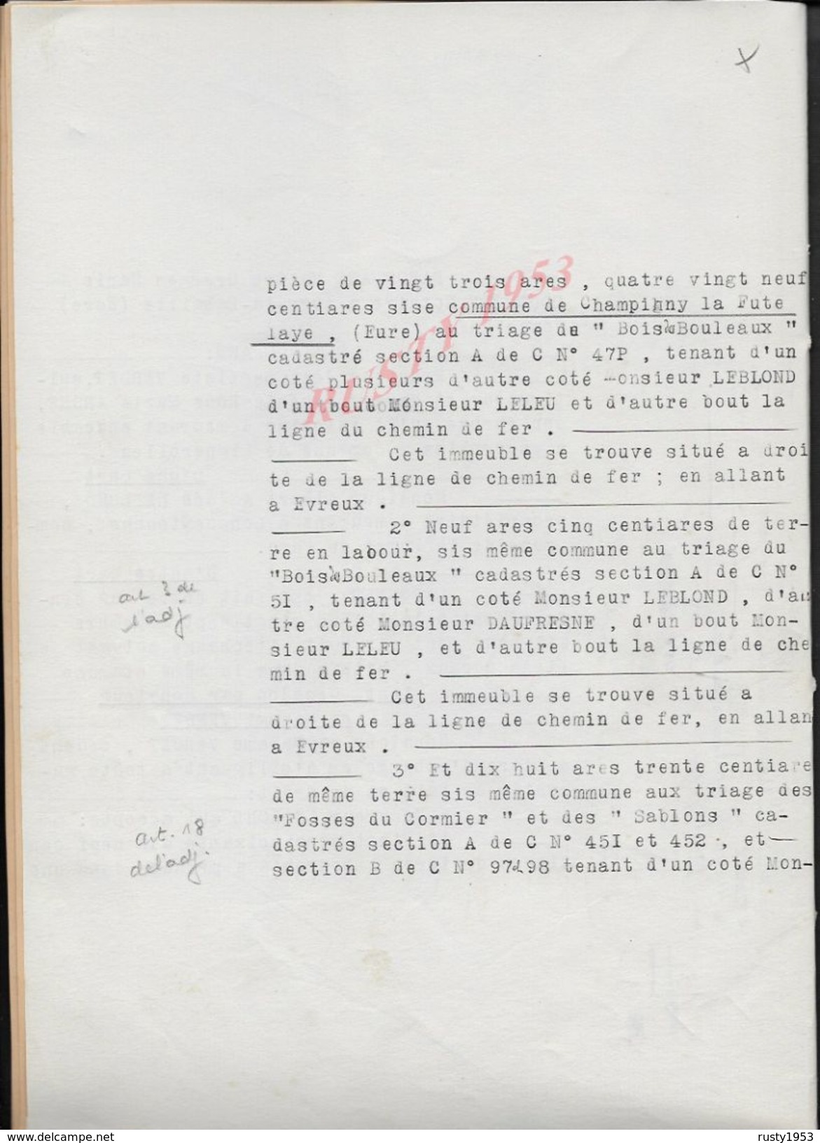 CHAMPIGNY LA FUTELAYE 1925 ACTE D ECHANGE TERRES ENTRE MR  VERDET À LEBLOND 15 PAGES : - Manuscripts