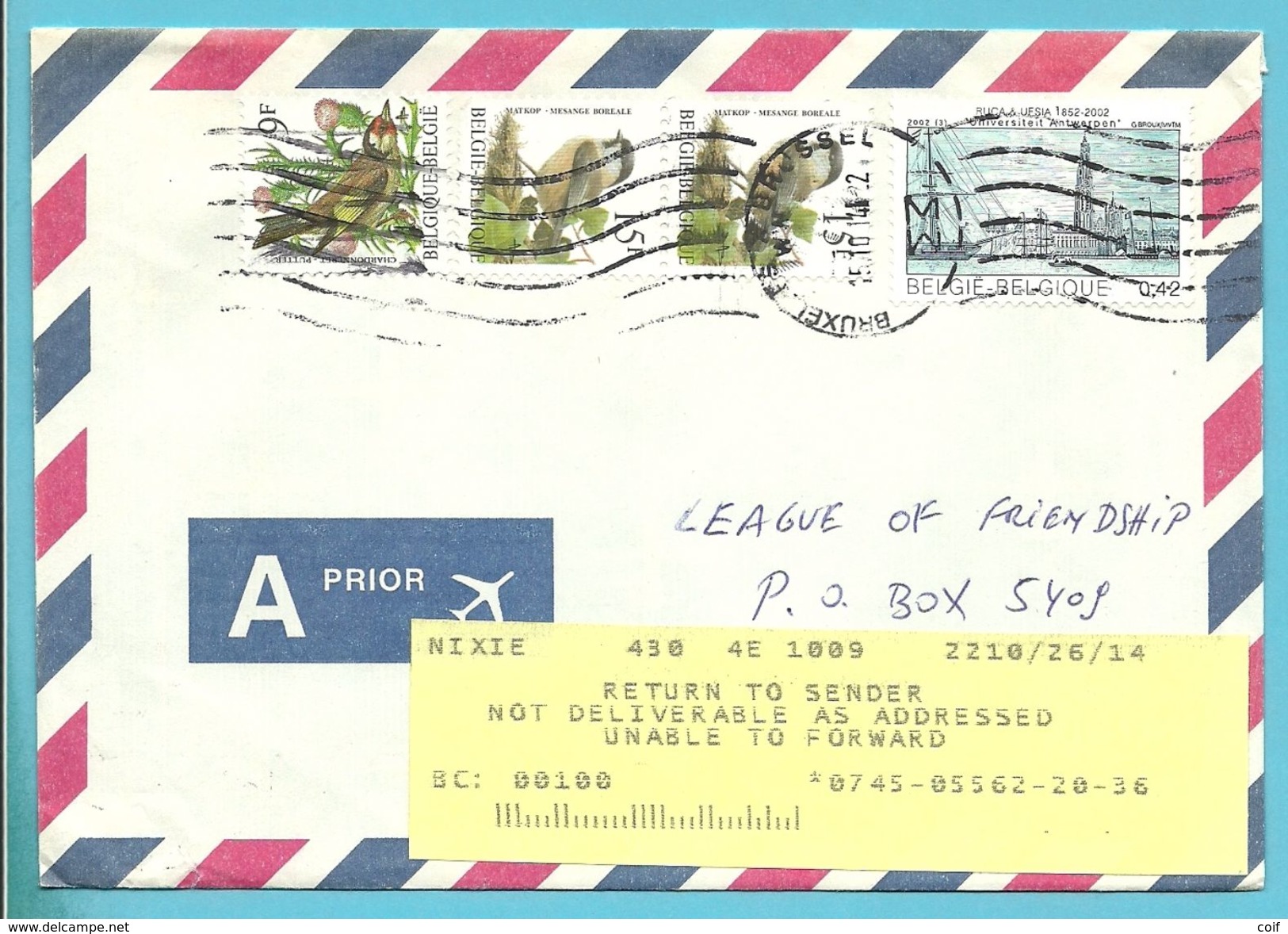 2190+2695 Op Brief Stempel BRUXELLES Naar U.S.A. Strookje RETURN TO SENDER - 1985-.. Vögel (Buzin)