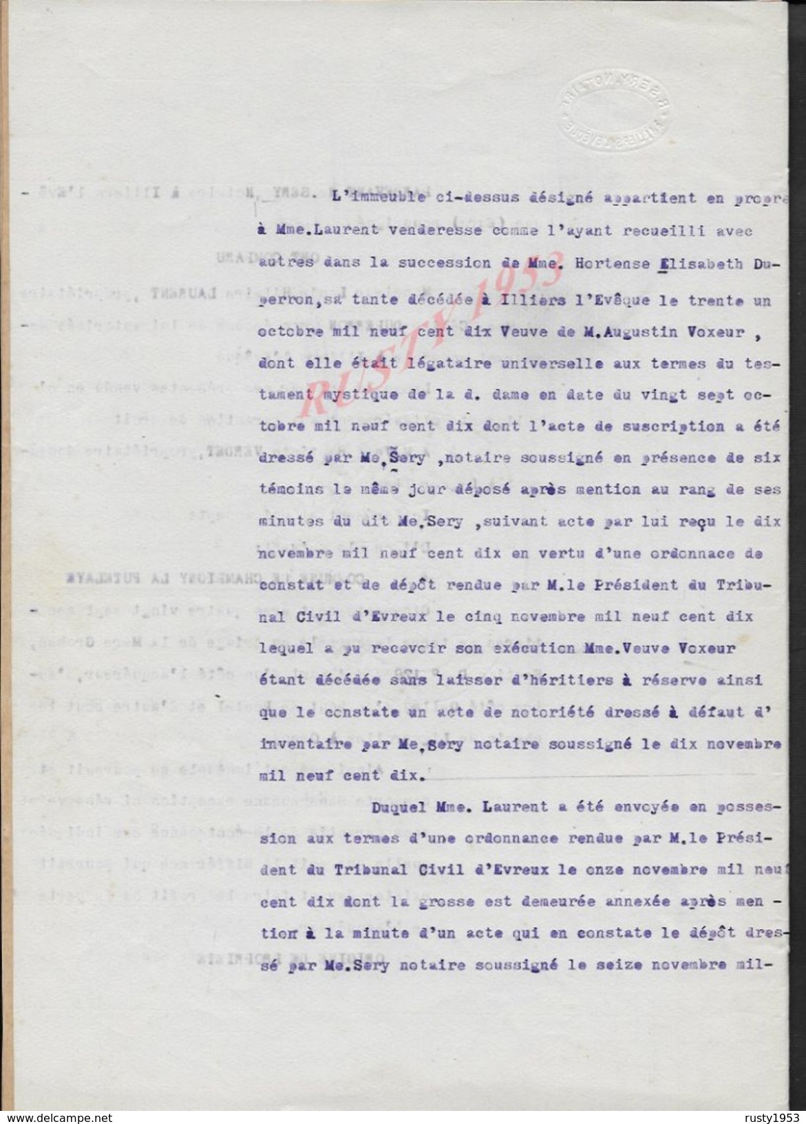 CHAMPIGNY LA FUTELAYE 1920 ACTE DE TERRE  ENTRE MR LAURENT À  VERDET 7 PAGES : - Manuscripts