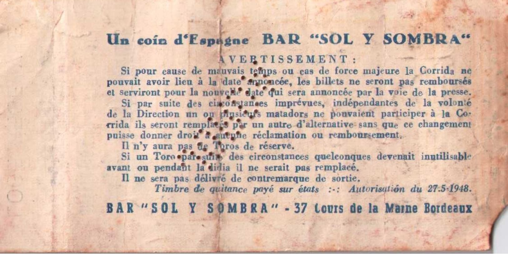 Billet De Corrida 07/05/1953 PLAZA DE TOROS De Bordeaux 33 - Scans Recto-verso - Tickets D'entrée