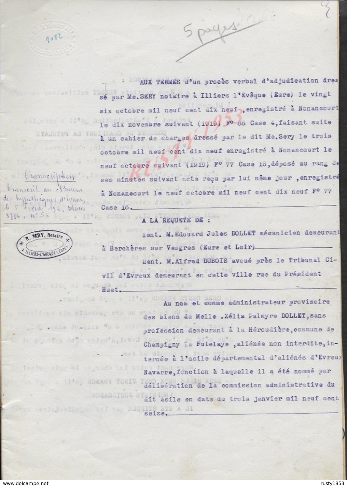 CHAMPIGNY LA FUTELAYE 1919 ACTE DE TERRE  ENTRE MR  VERDET À DOTTER ? 5 PAGES : - Manuscripts