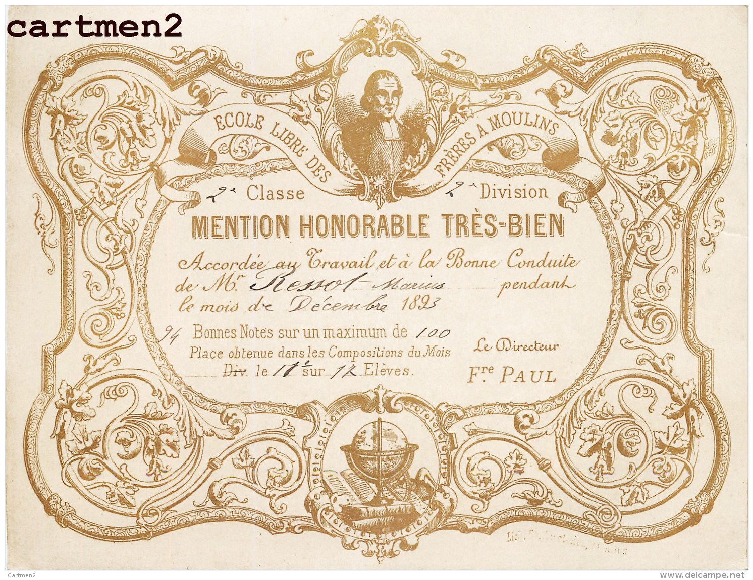 MOULINS ECOLE LIBRE DES FRERES 1893 DIPLOME MENTION TRES BIEN ECOLE 03 ALLIER - Moulins