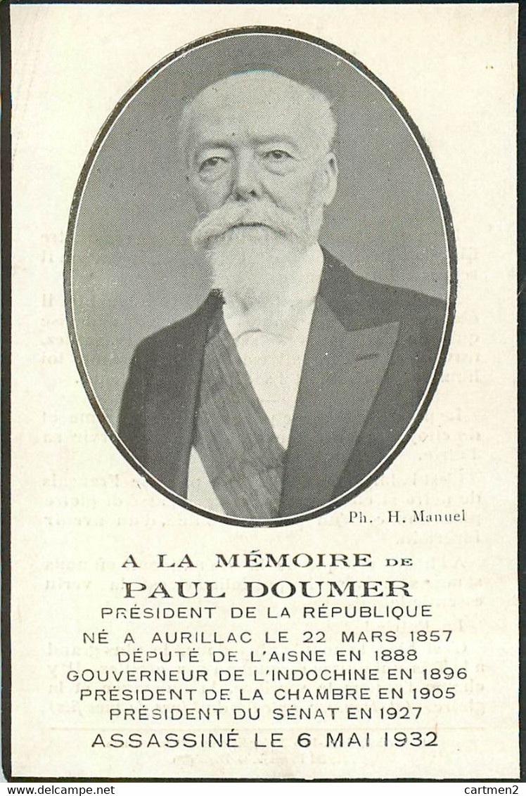 FAIRE-PART DECES DE PAUL DOUMER PRESIDENT DE LA REPUBLIQUE ASSASSINE AURILLAC INDOCHINE - Décès