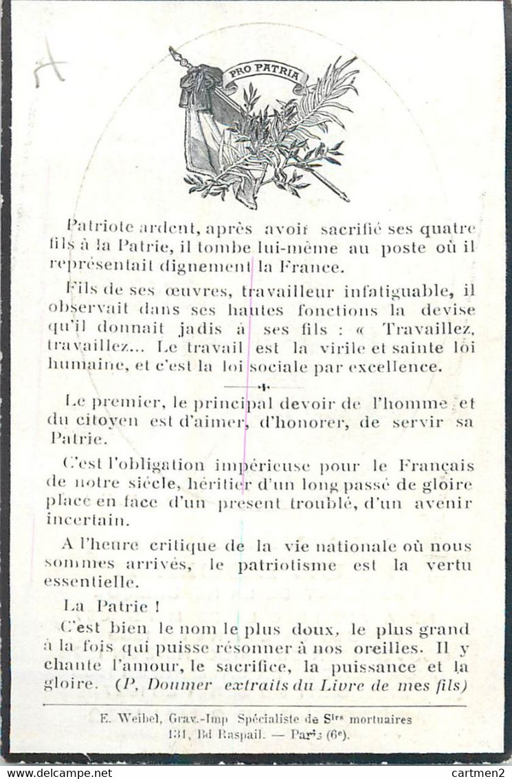 FAIRE-PART DECES DE PAUL DOUMER PRESIDENT DE LA REPUBLIQUE ASSASSINE AURILLAC INDOCHINE - Décès