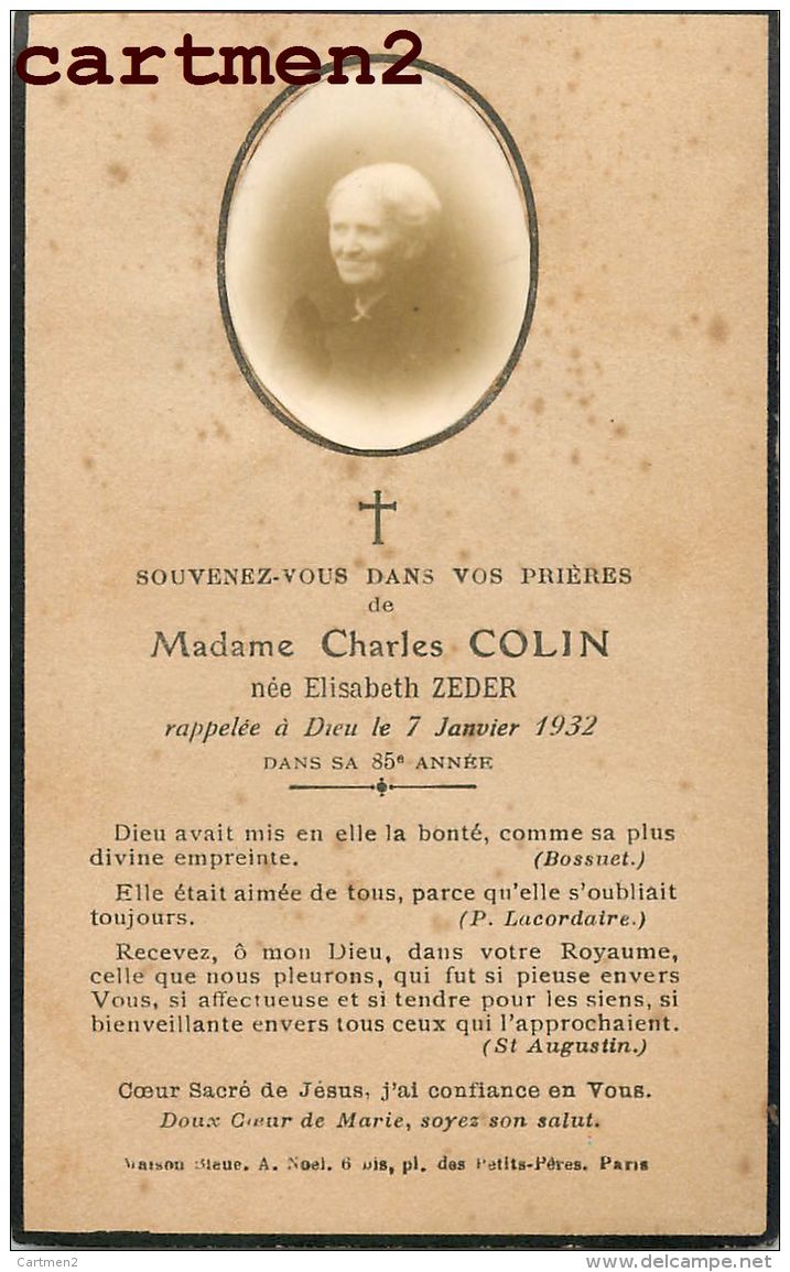 FAIRE-PART DECES DE MADAME CHARLES COLIN NE ELISABETH ZEDER - Esquela