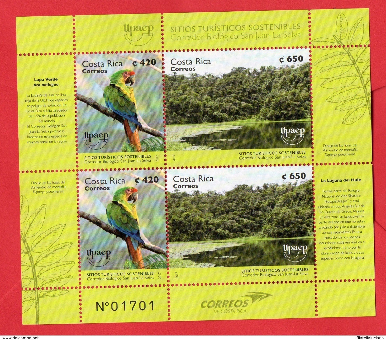 COSTA RICA New Issue America Upaep Birds National Parks 2017 Scarce Lapa Verde - Parrots