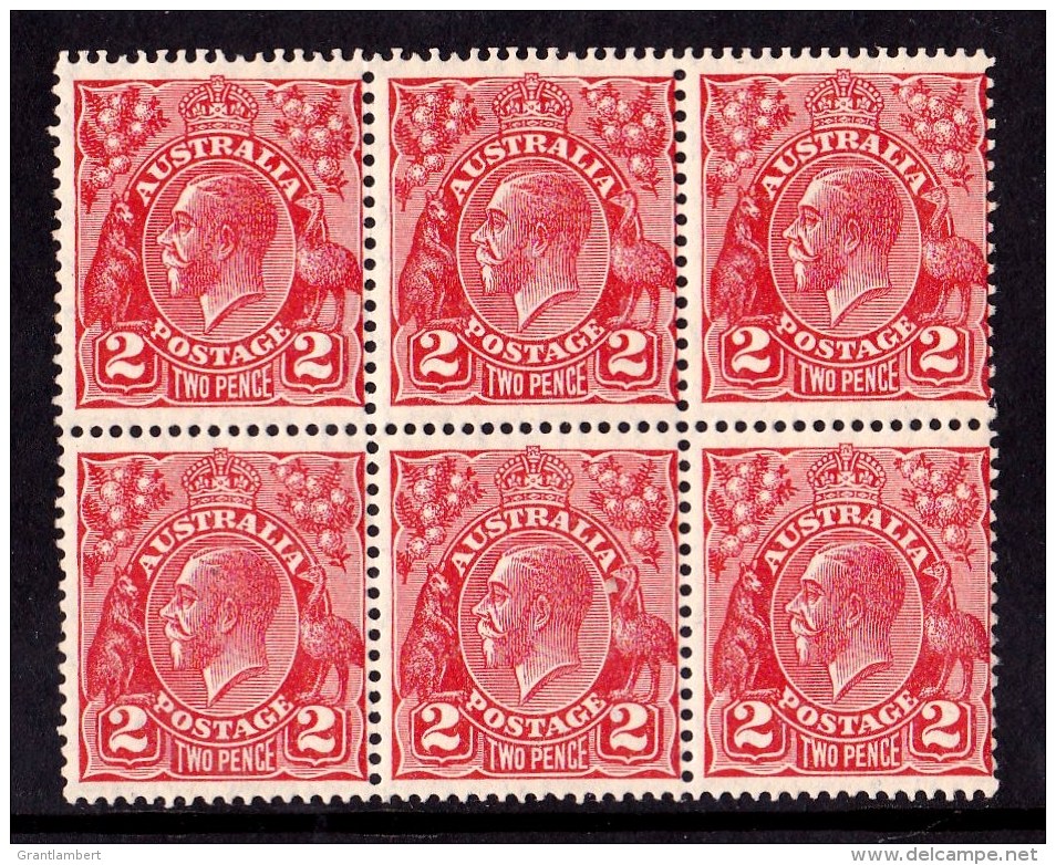 Australia 1930 King George V 2d Golden Scarlet Small Multi P 131/2 INVERTED Wmk Block Of 6 MNH - Mint Stamps