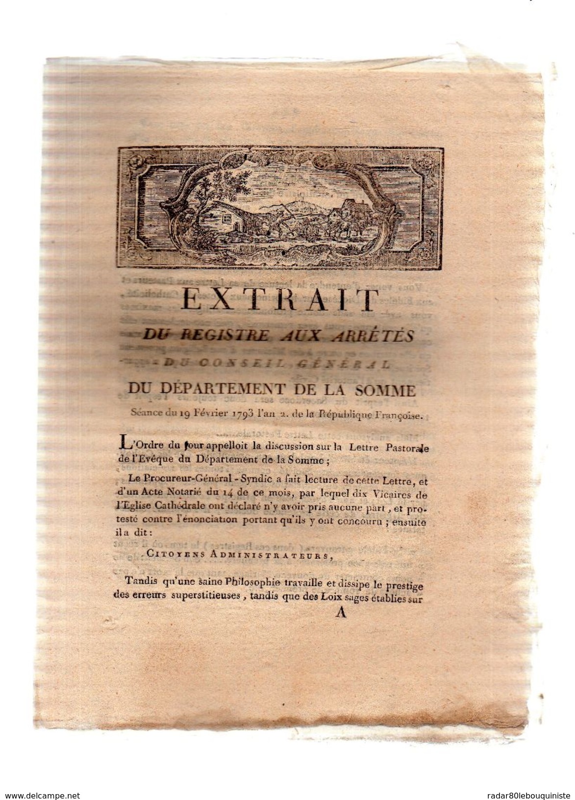 Extrait Du Registre Aux Arrêtés Du Conseil Général Du Département De La Somme.19 Février 1793.dix Pages.CARON Imp. - Picardie - Nord-Pas-de-Calais