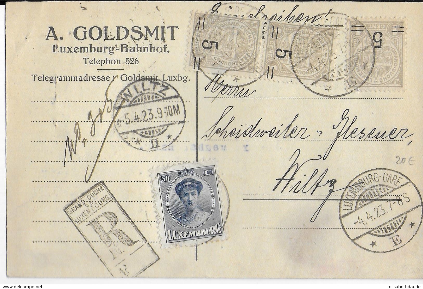 LUXEMBOURG - 1926 - CARTE RECOMMANDEE CONTRE REMBOURSEMENT  => WILTZ - 1907-24 Abzeichen