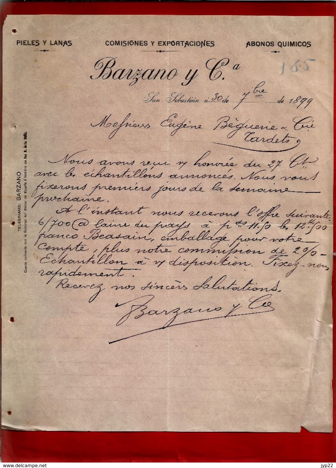 Courrier Espagne Lanas Y Pieles Barzano San Sebastian 30-09-1899 - écrit En Français - Espagne