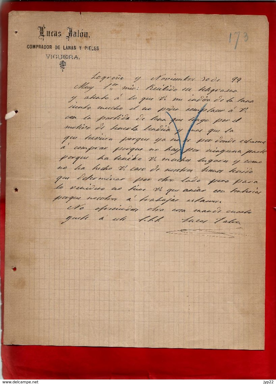 Courrier Espagne Lucas Palou ? Palon ? Viguera 30-11-1899 - écrit En Espagnol - Espagne
