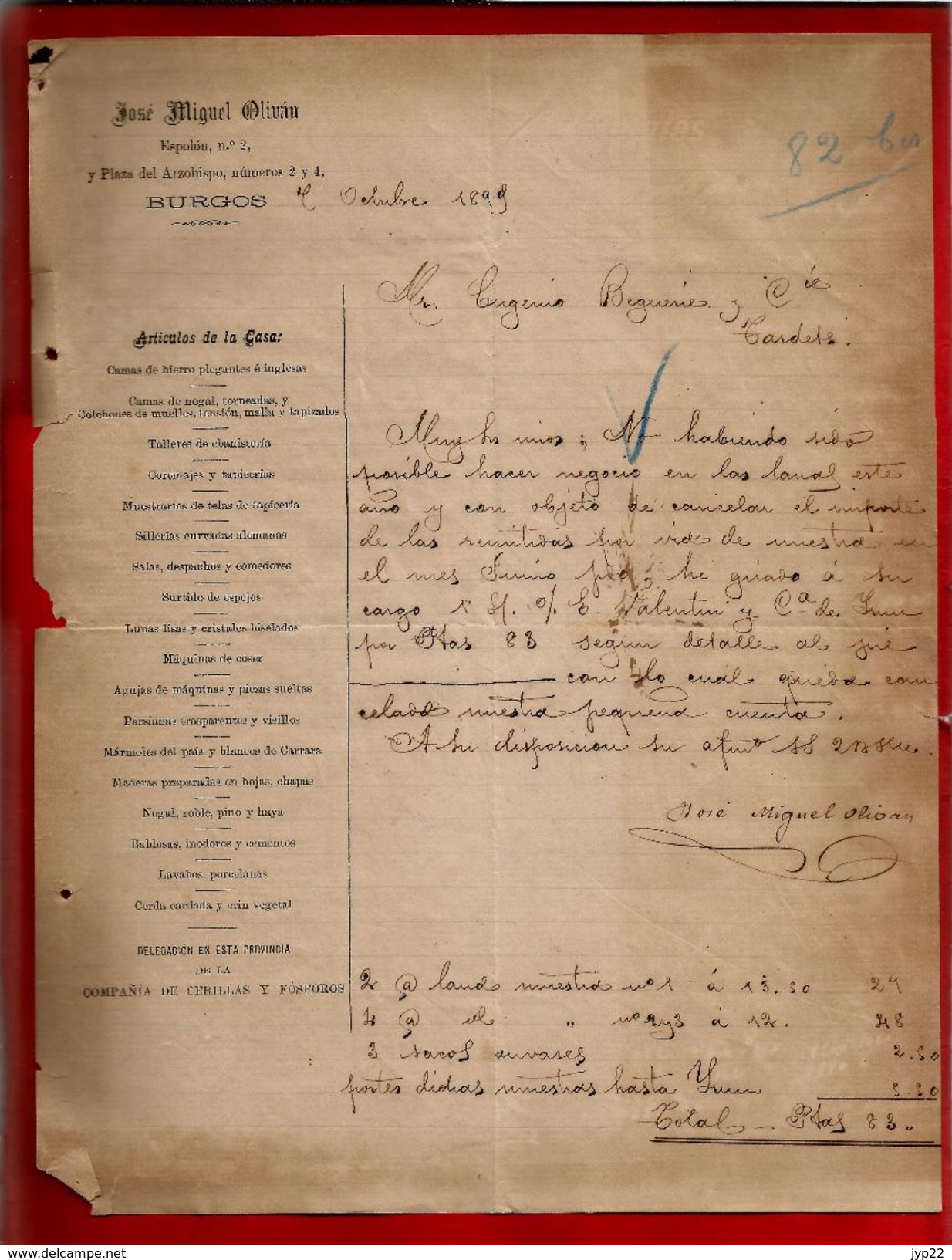 Courrier Espagne José Miguel Olivan Plaza Del Arzobispo Burgos 7?-10-1899 - écrit En Espagnol - Espagne