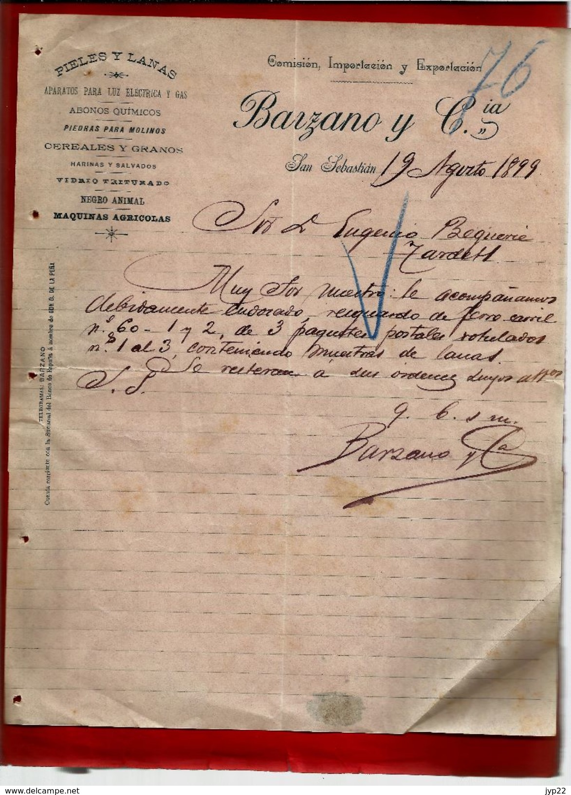 Courrier Espagne Lanas Y Pieles Barzano San Sebastian 19-08-1899 - écrit En Français - Espagne