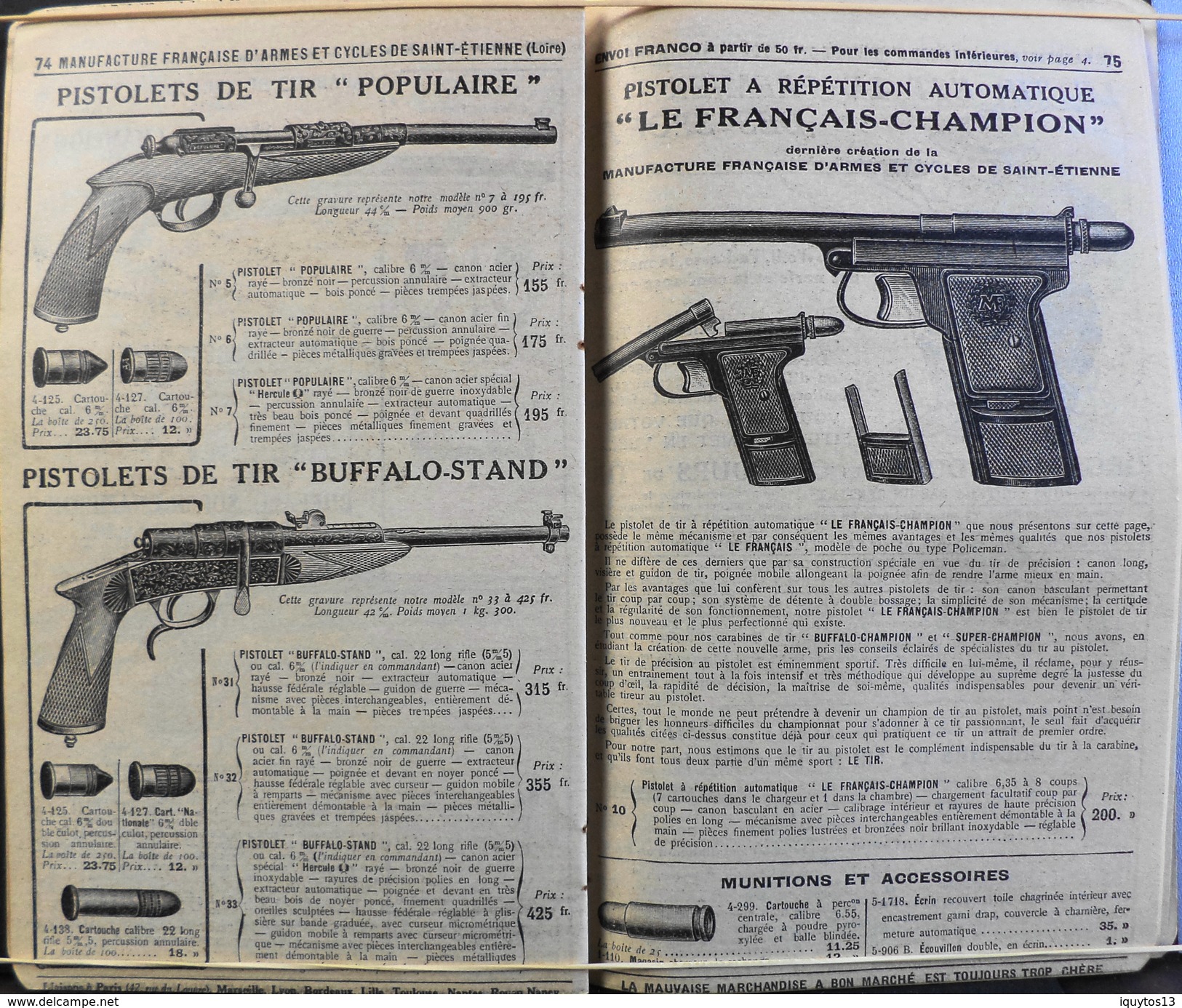 ANCIEN Catalogue MANUFRANCE ( M.F. ) Année 1926 - 132 pages d'Articles de Chasse, Fusils, Munitions, Pistolets, Pièges