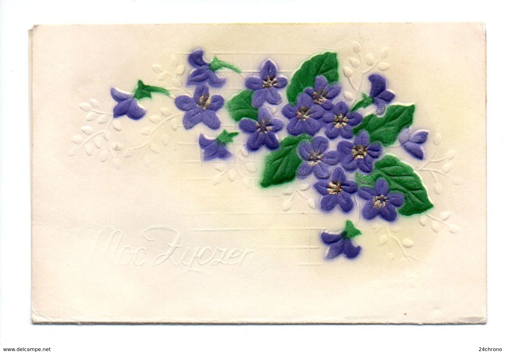 Carte Double Gaufree Avec Violettes, Moc Zyczen, Bon Anniversaire, Pologne (17-1865) - Anniversaire