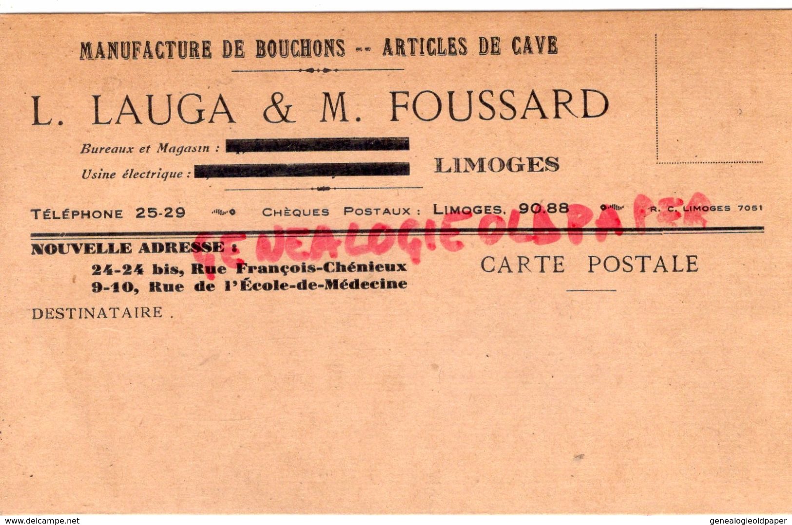 87 -LIMOGES -CARTE PUB L. LAUGA & M. FOUSSARD- MANUFACTURE BOUCHONS-ARTICLES DE CAVE- 24 RUE FRANCOIS CHENIEUX- - Autres & Non Classés