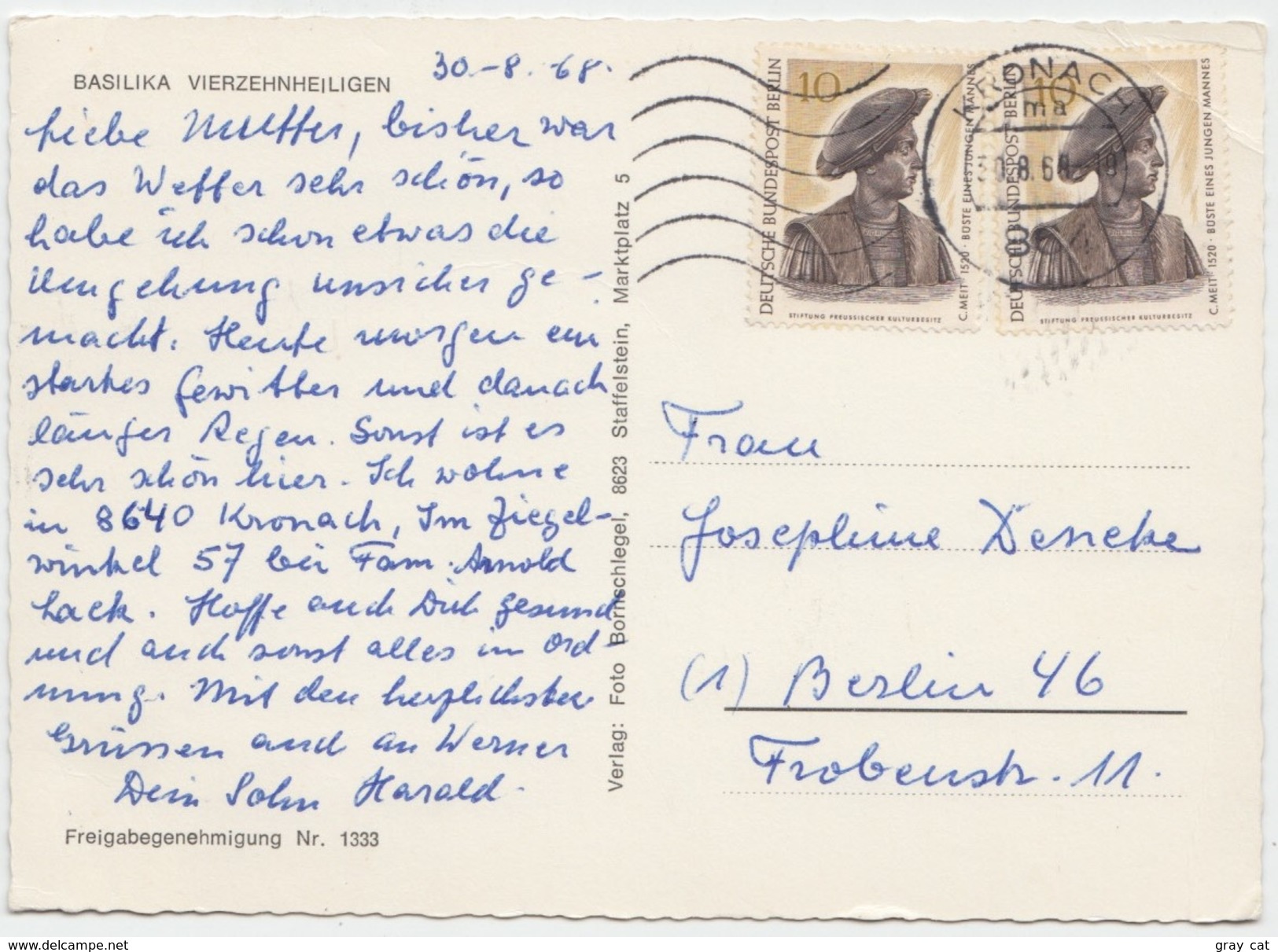 BASILIKA VIERZEHNHEILIGEN, Germany, 1968 Used Postcard [20607] - Staffelstein