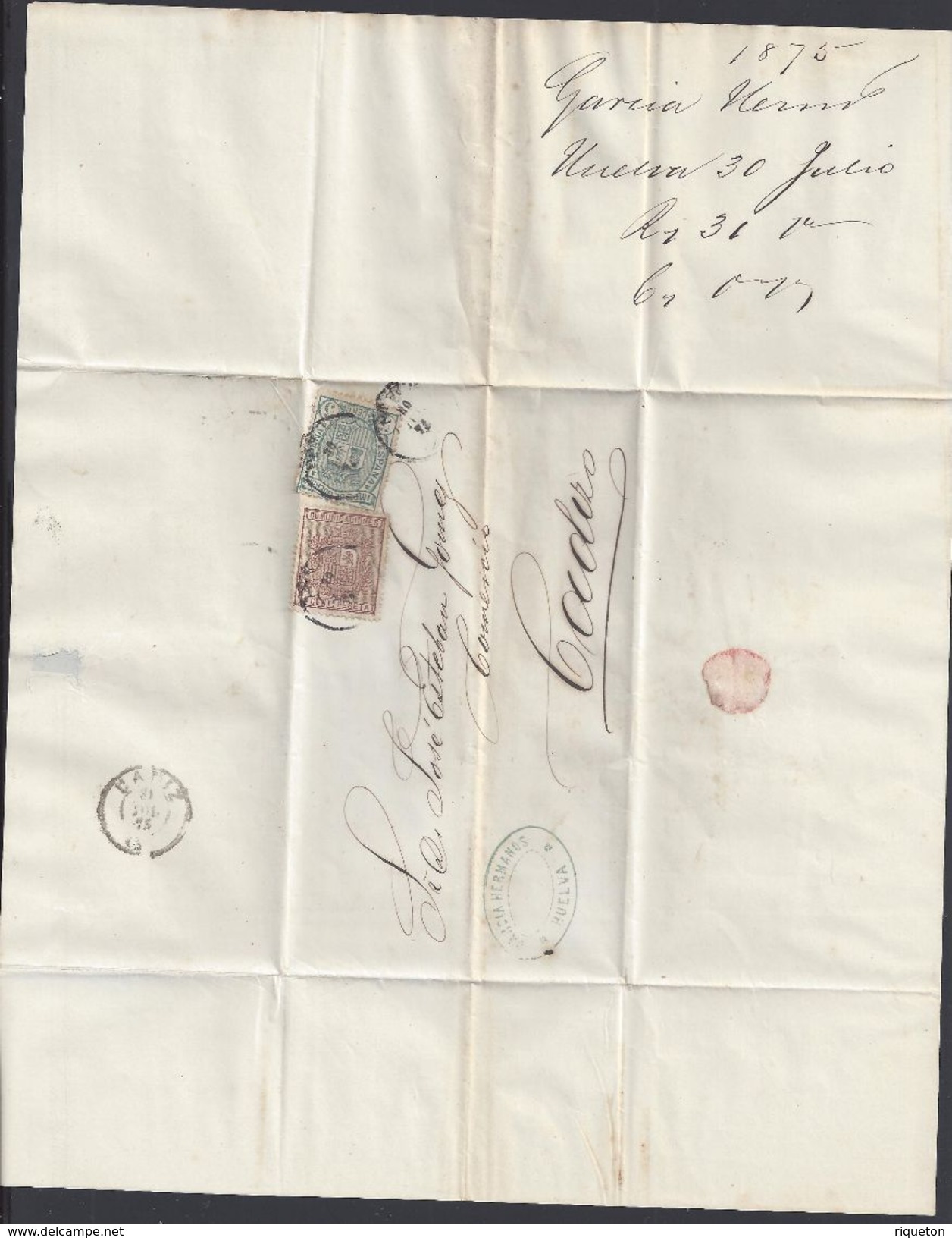 ESPAGNE - Lettre De Huelva Du 30 Juillet 1875 Pour Cadiz - TB - - Cartas & Documentos