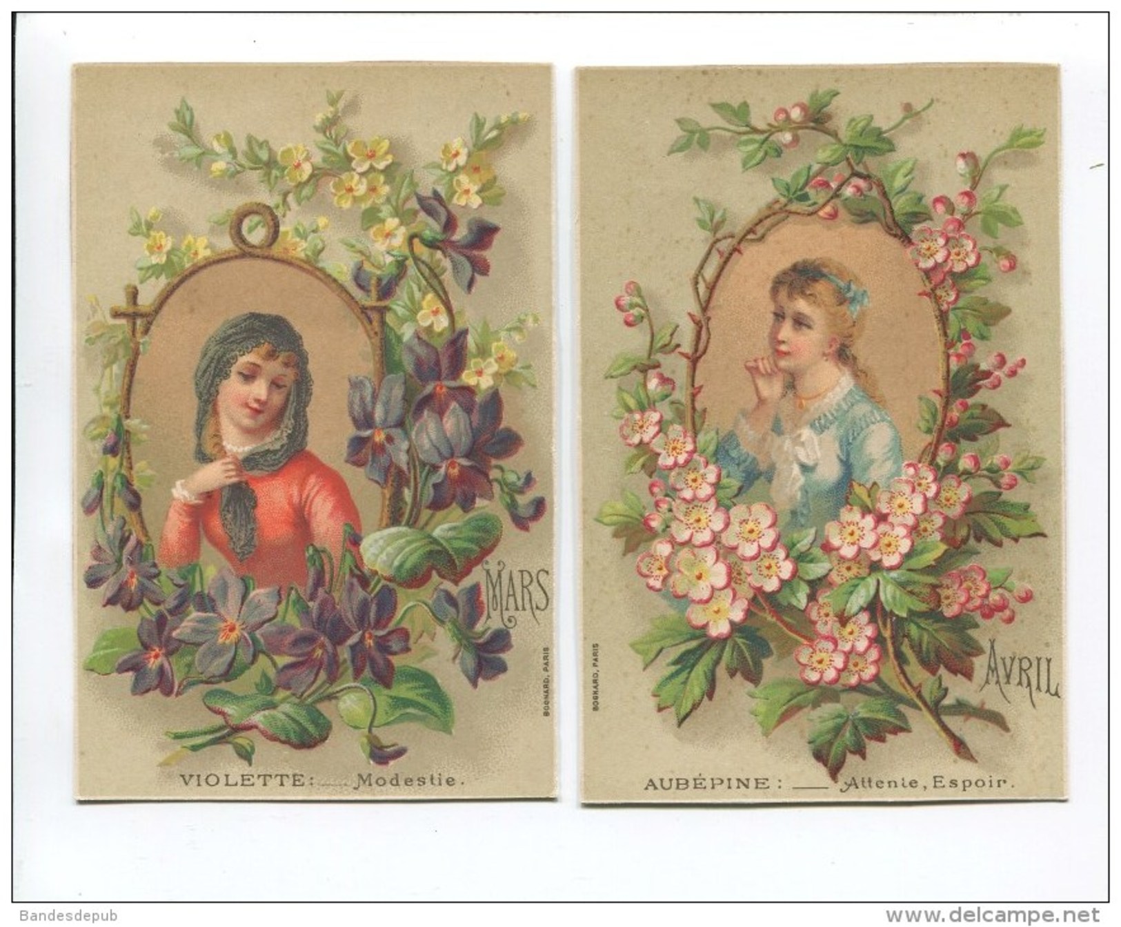 BEL ENSEMBLE 12 CHROMOS  CHROMO BOGNARD CALENDRIER Mois ANNEE LANGAGE FLEURS JEUNE FILLE FEMME - Autres & Non Classés