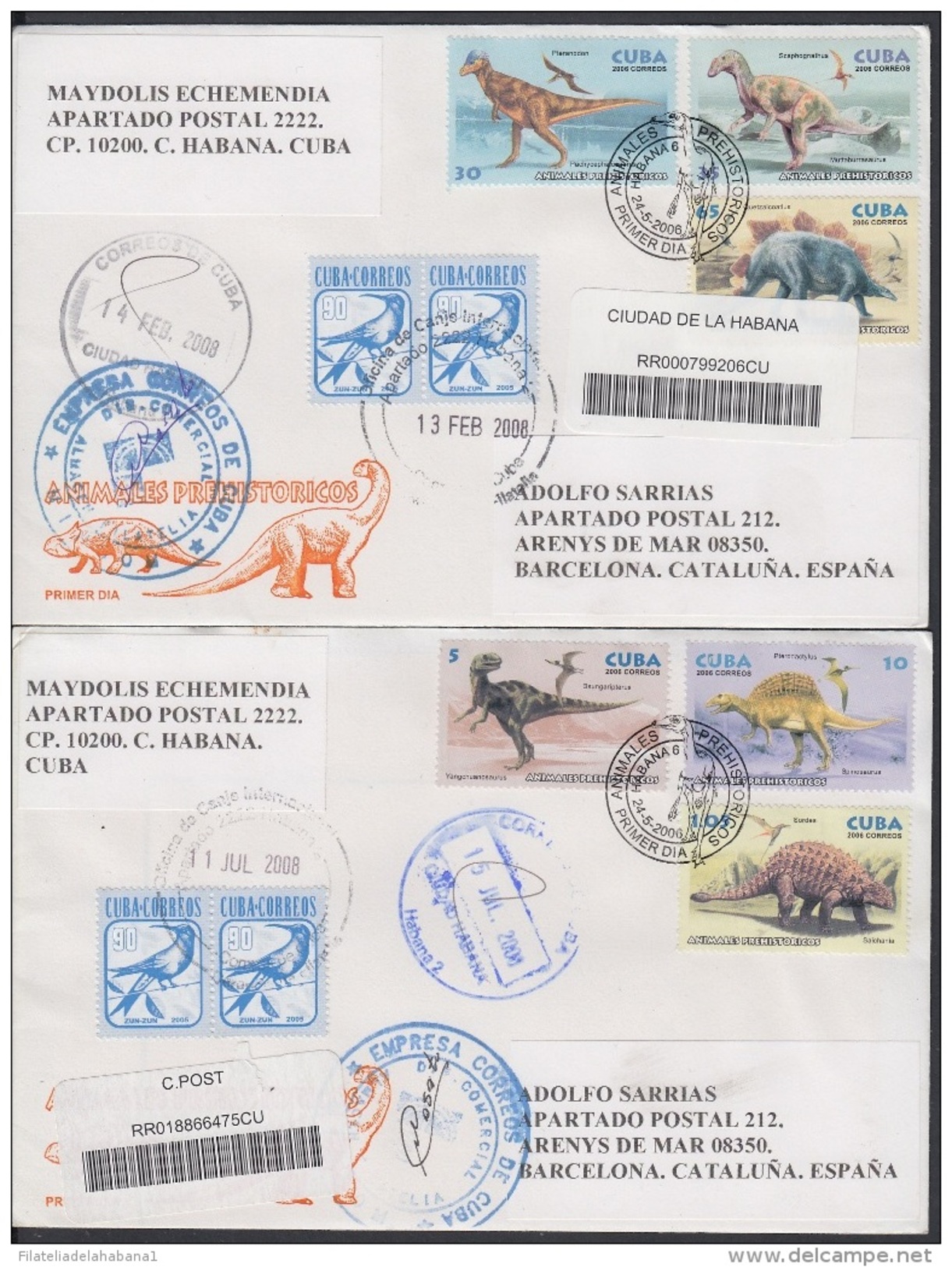 2006-FDC-63 CUBA 2006 FDC REGISTERED COVER TO SPAIN. DINOSAURIOS DINOSAUR PALEONLOGIA PALEONTOLOGY. SET - FDC