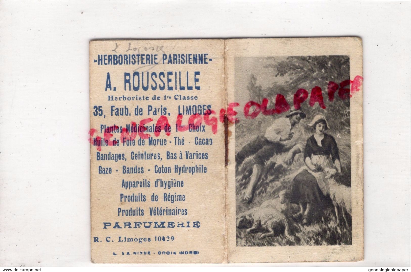 87 -LIMOGES- CARNET Mini  PETIT CALENDRIER 1929- HERBORISTERIE PARISIENNE PARFUMERIE- -A. ROUSSEILLE 35 FG. DE PARIS - - Tamaño Pequeño : 1921-40