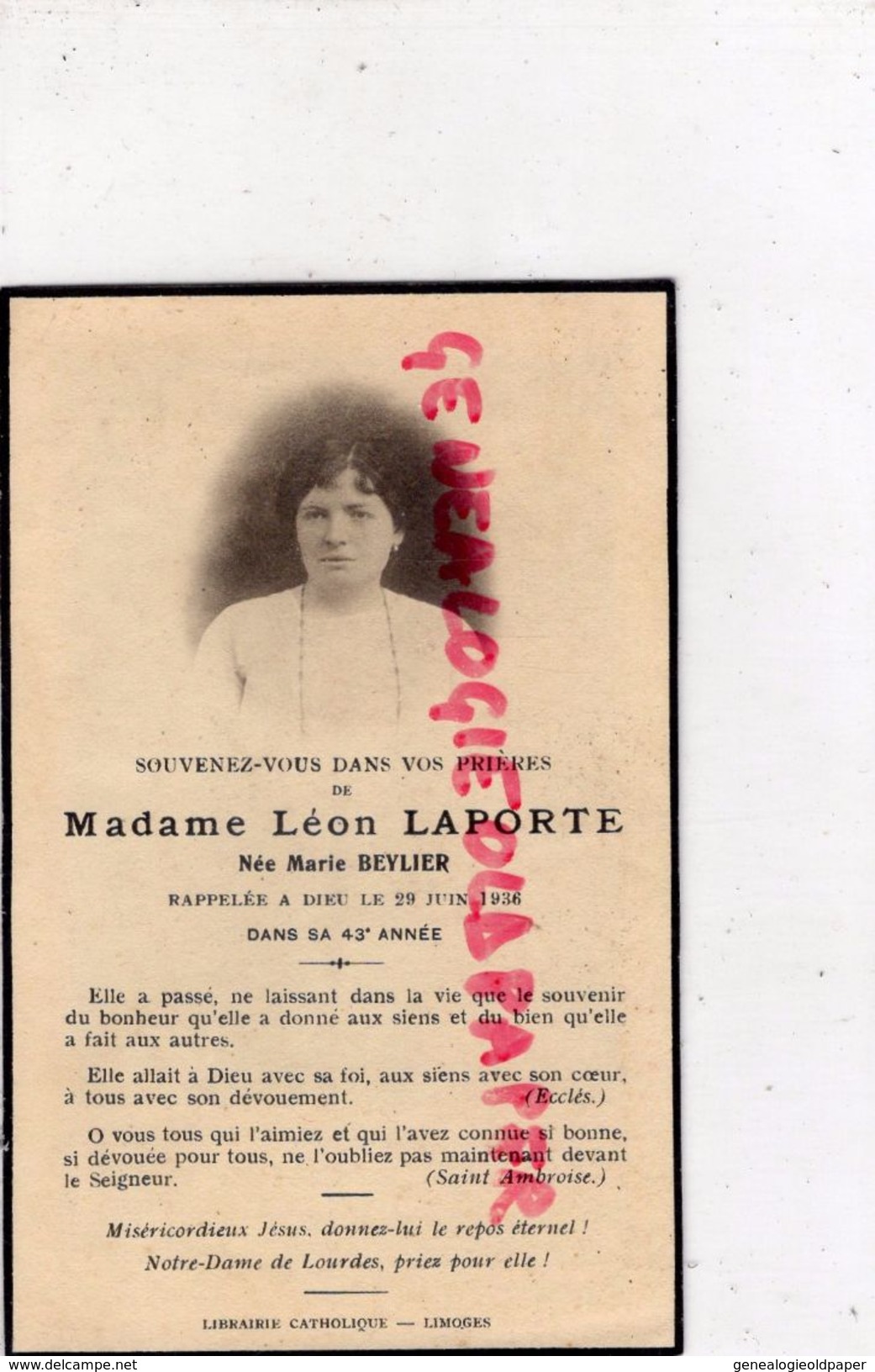 87 -LIMOGES- CARTE FAIRE PART DECES MME LEON LAPORTE -NEE MARIE BEYLIER-29 JUIN 1936- JESUS CHRIST EN CROIX- - Todesanzeige