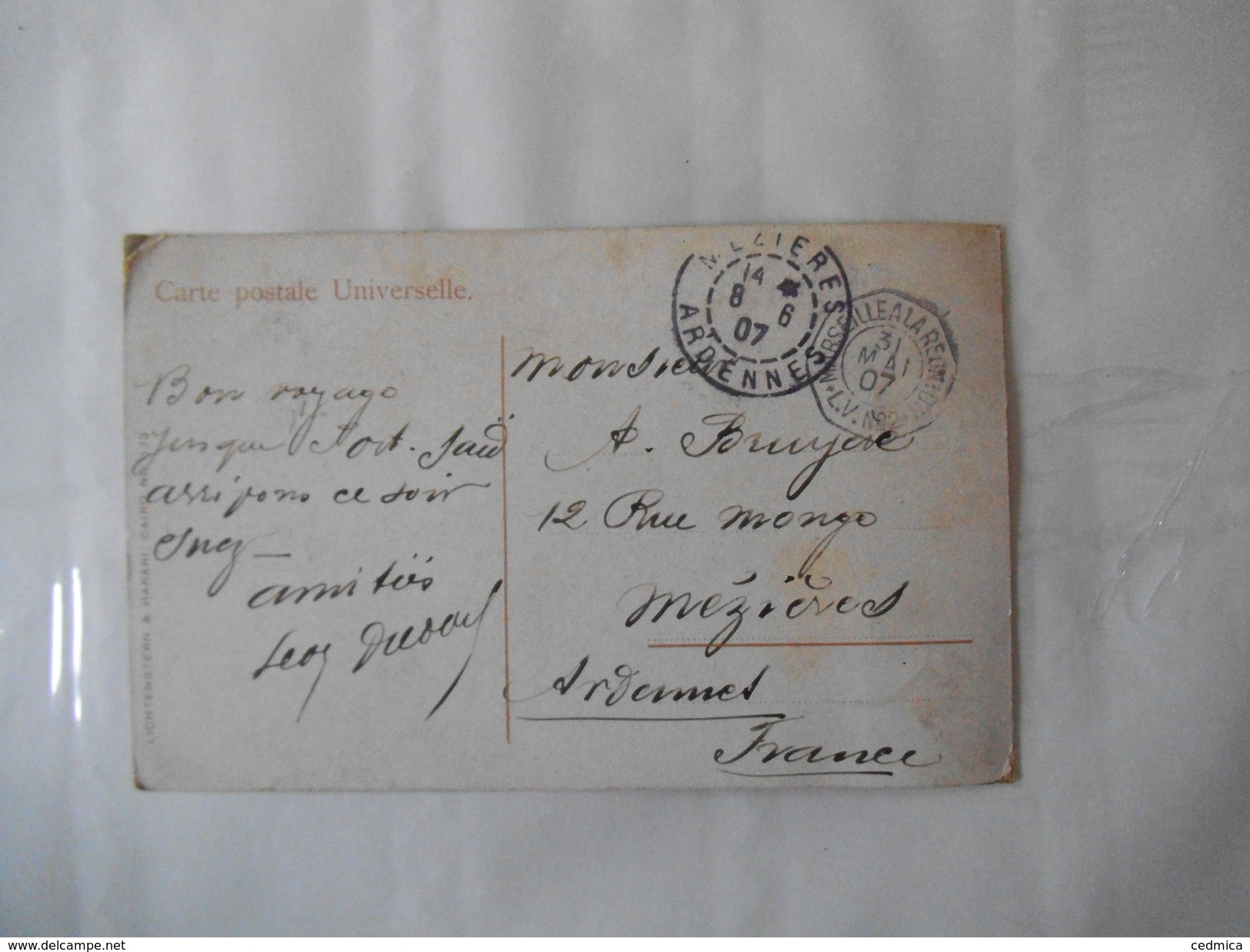 FILLE ARABE 1907  CACHET POSTAL MARSEILLE A LA REUNION LV.N°2 31 MAI 07 - Personnes