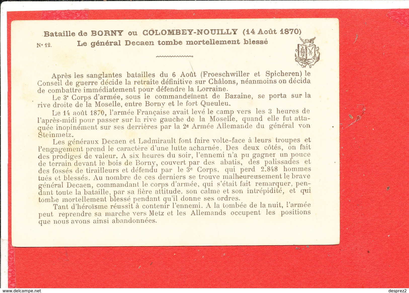 Bataille De BORNY 14/8/1870   Carte Animée Le Général DECAEN Mortellement Bléssé                Illustrée Par G GERMAIN - Guerres - Autres