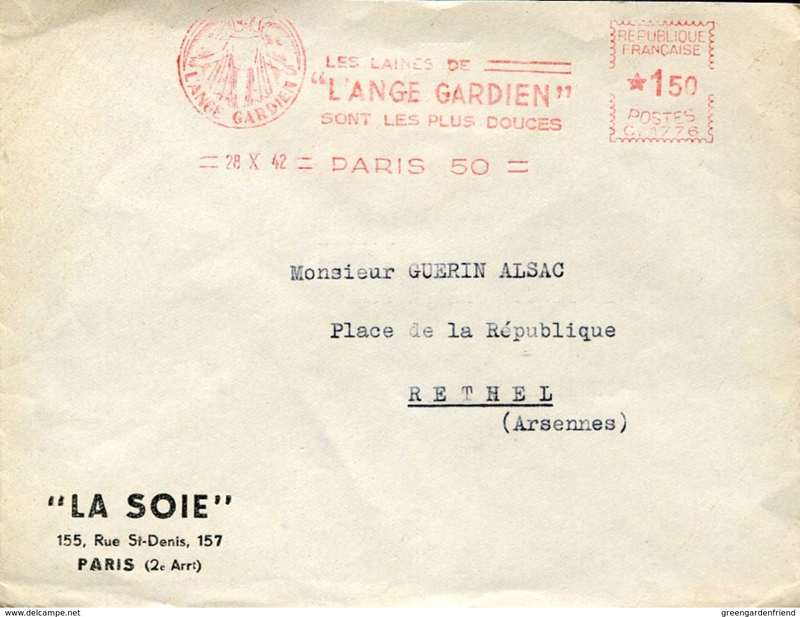 27009 France, Red Meter/freistempel/ema/1942 Paris,les Laines De L'ange Gardien Sont Les Plus Douces ,circuled Cover - EMA (Printer Machine)