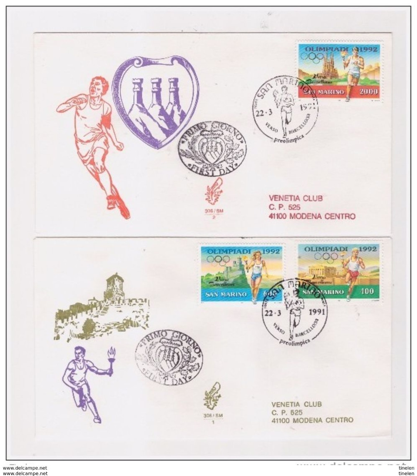 SAN MARINO  - 223 1991 2 FDC VENETIA "PREOLIMPICA" VERSO BARCELLONA  -VIAGGIATE- - Sommer 1992: Barcelone