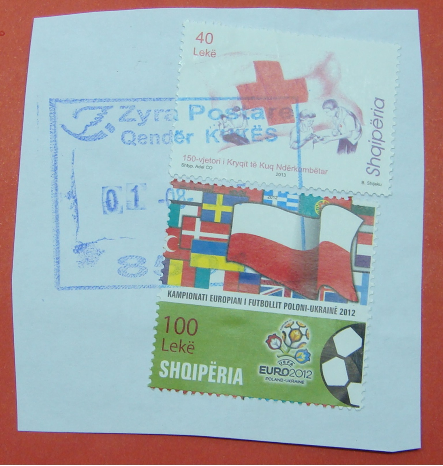 1 - 8 - 2017 ALBANIAN STAMPS, 150 YEARS RED CROSS IN ALBANIA, EURO FOOTBALL 2012 Postmark KUKES - Albanië