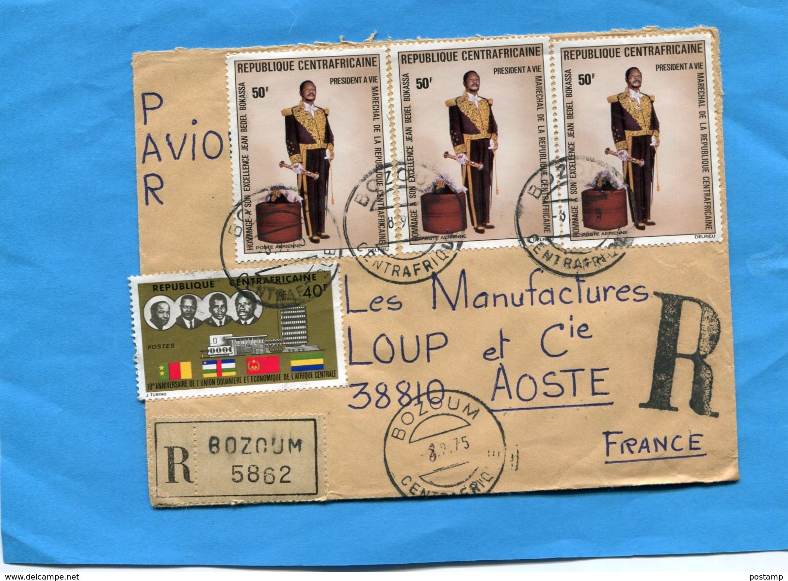 MARCOPHILIE-lettrerec -R C A >Françe-cad-1975-BOZOUM-4-stamps N°A132 Bokassa Maréchal+221 Union Douanière - Central African Republic