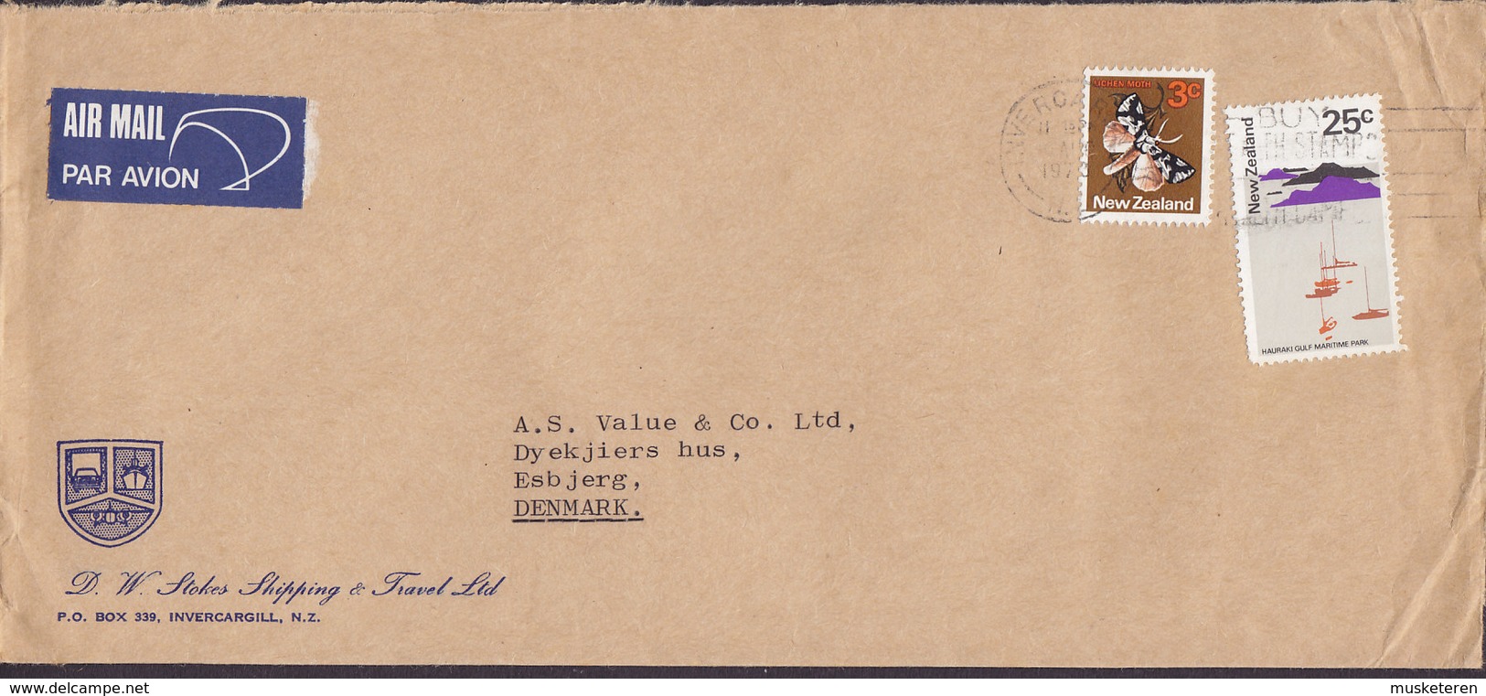New Zealand AIR MAIL Label D. W. STOKES SHIPPING & TRAVEL, INVERCARGILL 1973 Cover Butterfly Papillon Schmetterling - Lettres & Documents