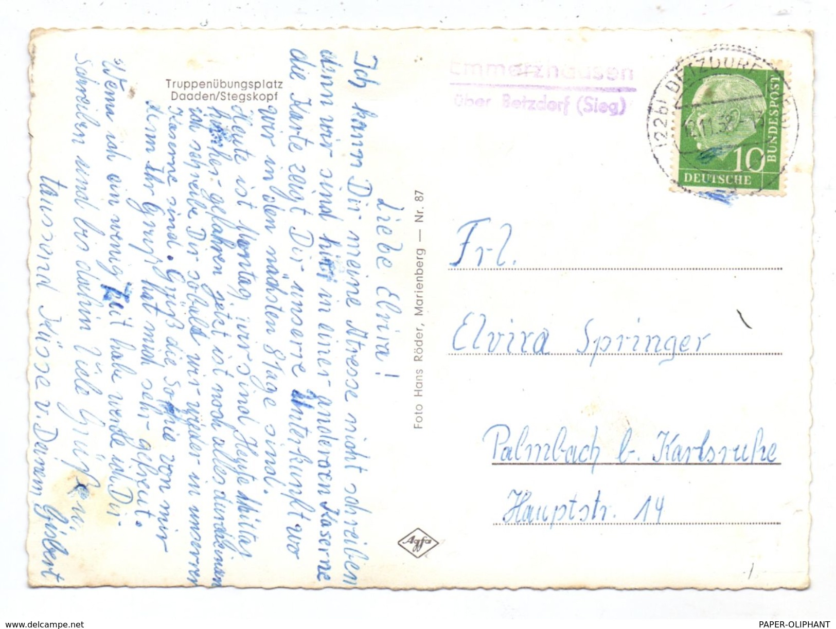 5244 DAADEN, Stegskopf, Truppenübungsplatz Der Bundeswehr, Landpoststempel  "Emmertzhausen über Betzdorf", 195... - Altenkirchen