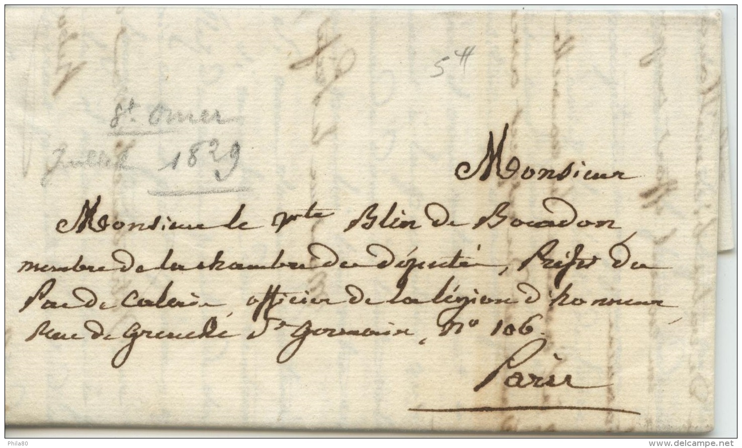 Lettre De St Omer De 1829  Adressée Au Vct Blin De Bourdon Préfet à Paris - 1801-1848: Precursors XIX