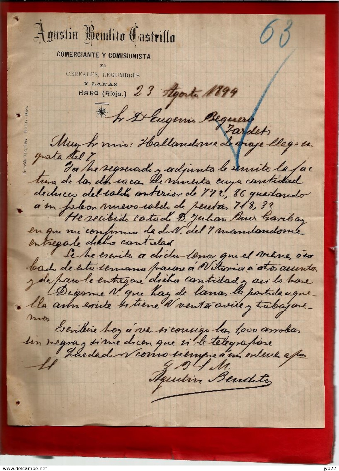 Courrier Espagne Agustin Bemlito Castrillo Commerce Céréale Légumes Y Lanas Haro Rioja 23-08?-1899 - écrit En Espagnol - Espagne