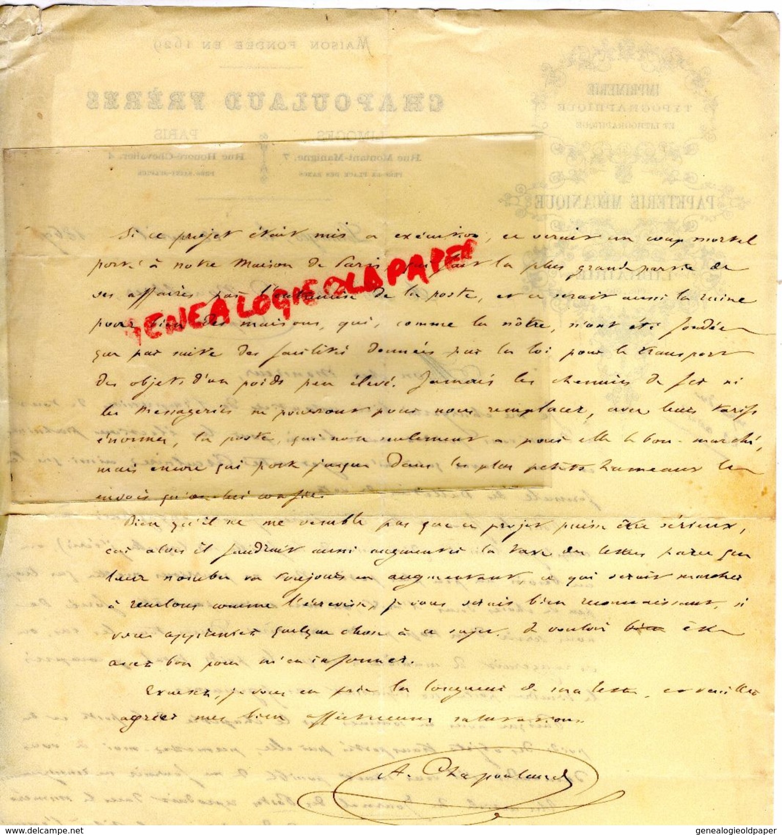 87 - LIMOGES- RARE LETTRE MANUSCRITE SIGNEE CHAPOULAUD FRERES-IMPRIMERIE TYPOGRAPHIQUE-PAPETERIE-LIBRAIRIE-1869 - Druck & Papierwaren