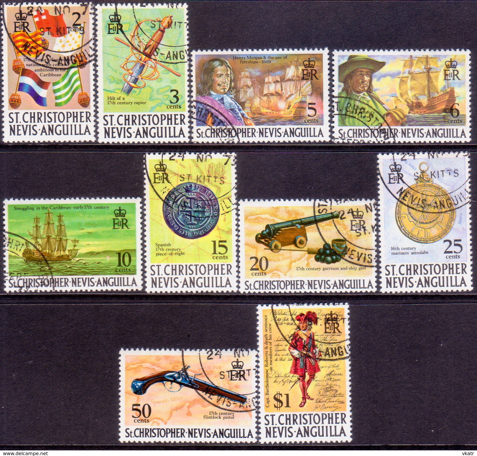 ST KITTS-NEVIS 1973-74 SG #270-79 Part Set Used Only ½c And $10 Missing Wmk Sideways On Vert.designs, Upright On Horiz. - St.Christopher-Nevis-Anguilla (...-1980)