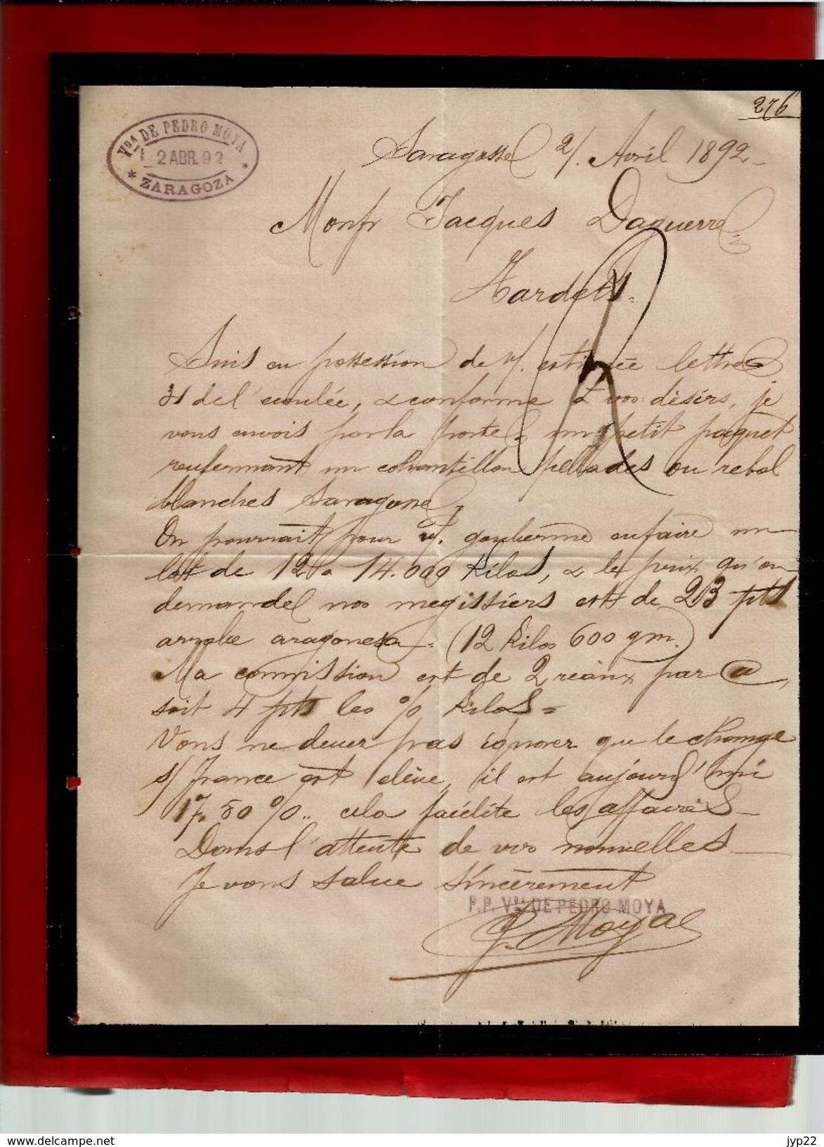 Courrier Espagne Pedro Moya Zaragoza Saragosse 2-04-1892 - écrit En Français - Spanien