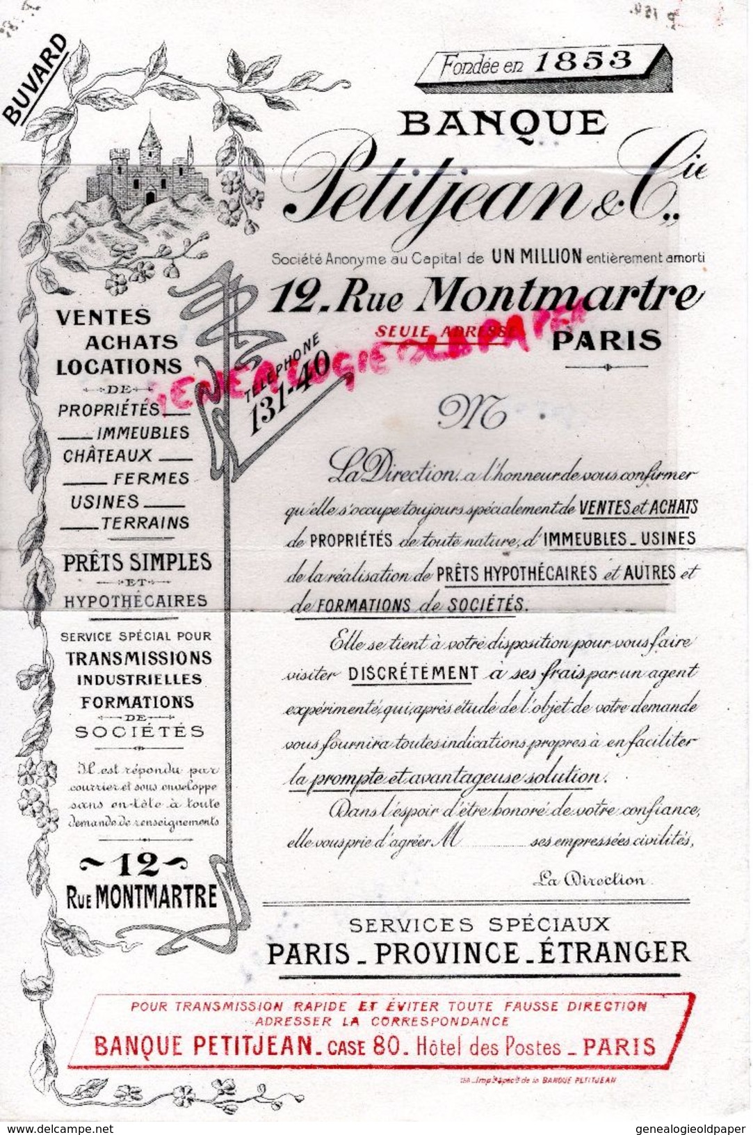 75 - PARIS- TRES RARE BUVARD BANQUE PETITJEAN & CIE FONDEE EN 1858-12 RUE MONTMARTRE - DANS UN LOT DOCUMENTS DE 1868- - Banca & Assicurazione