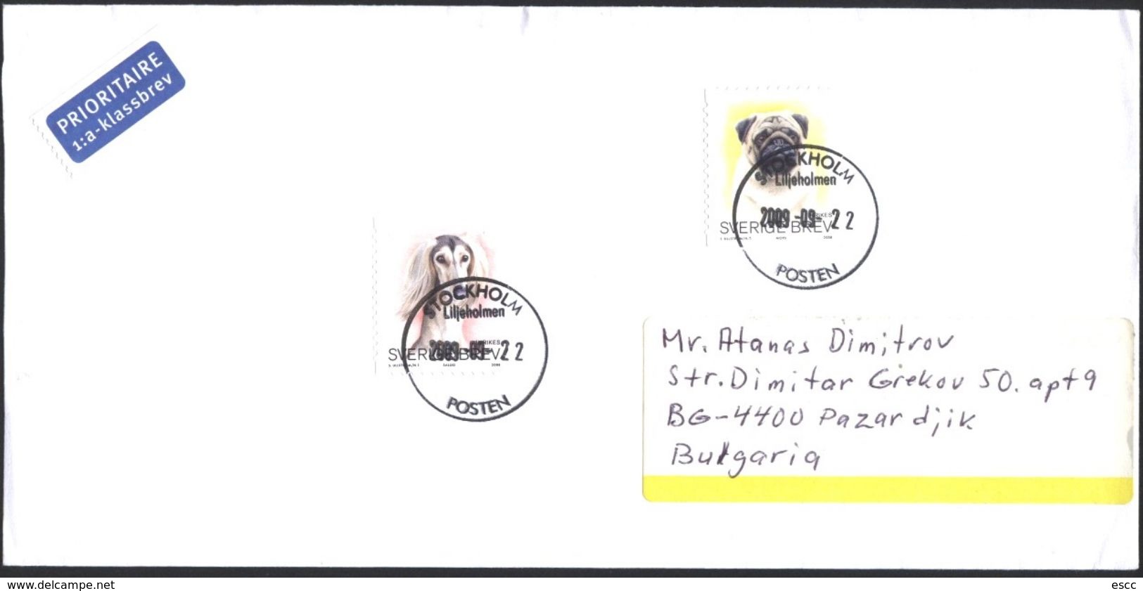 Mailed Cover With Stamps Fauna Dogs 2008  From Sweden To Bulgaria - Cartas & Documentos