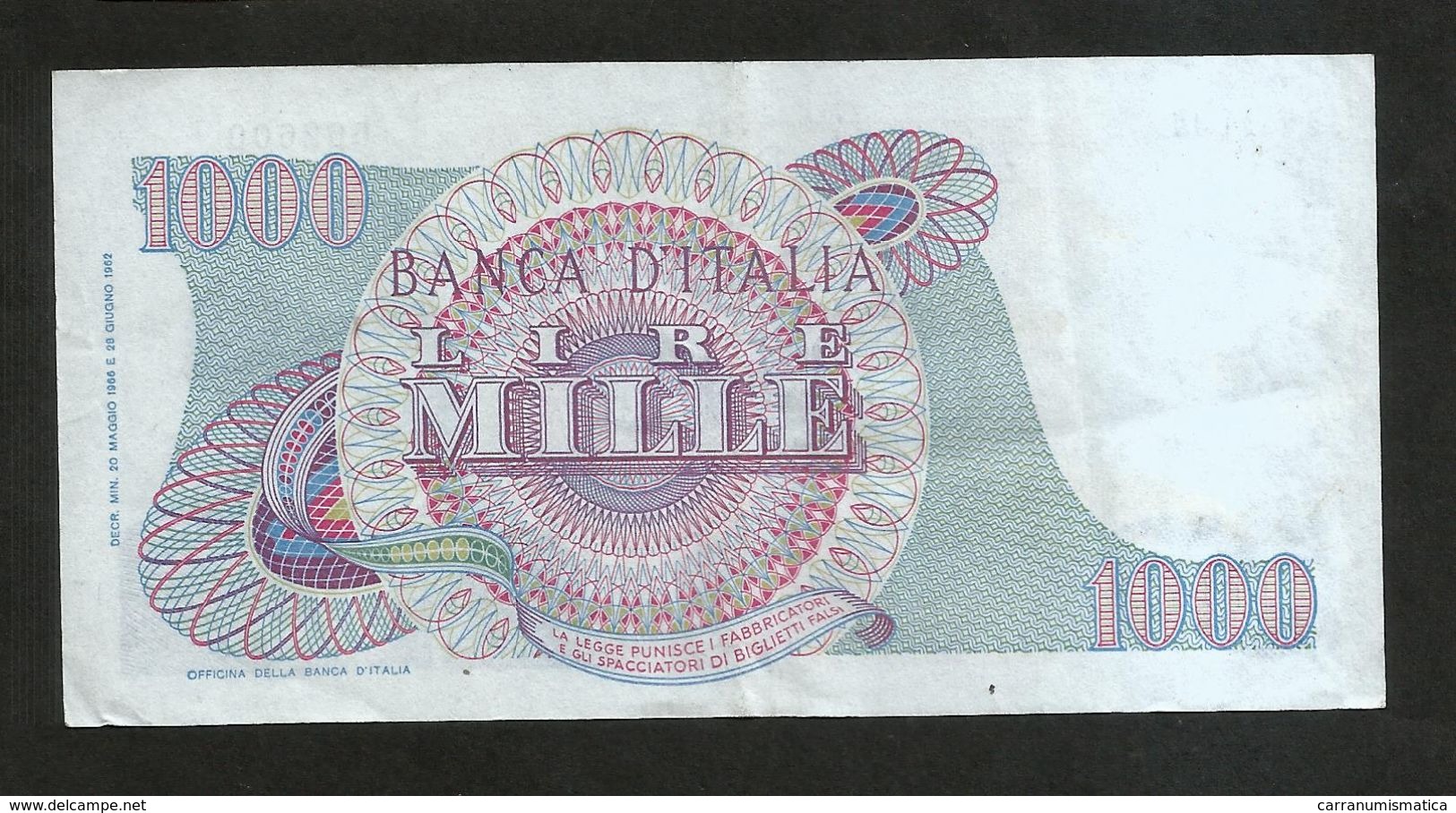 ITALIA - BANCA D' ITALIA - 1000 Lire VERDI I° Tipo (Decr. 20 / 05 / 1966 - Firme: Carli / Febbraio) - 1000 Lire