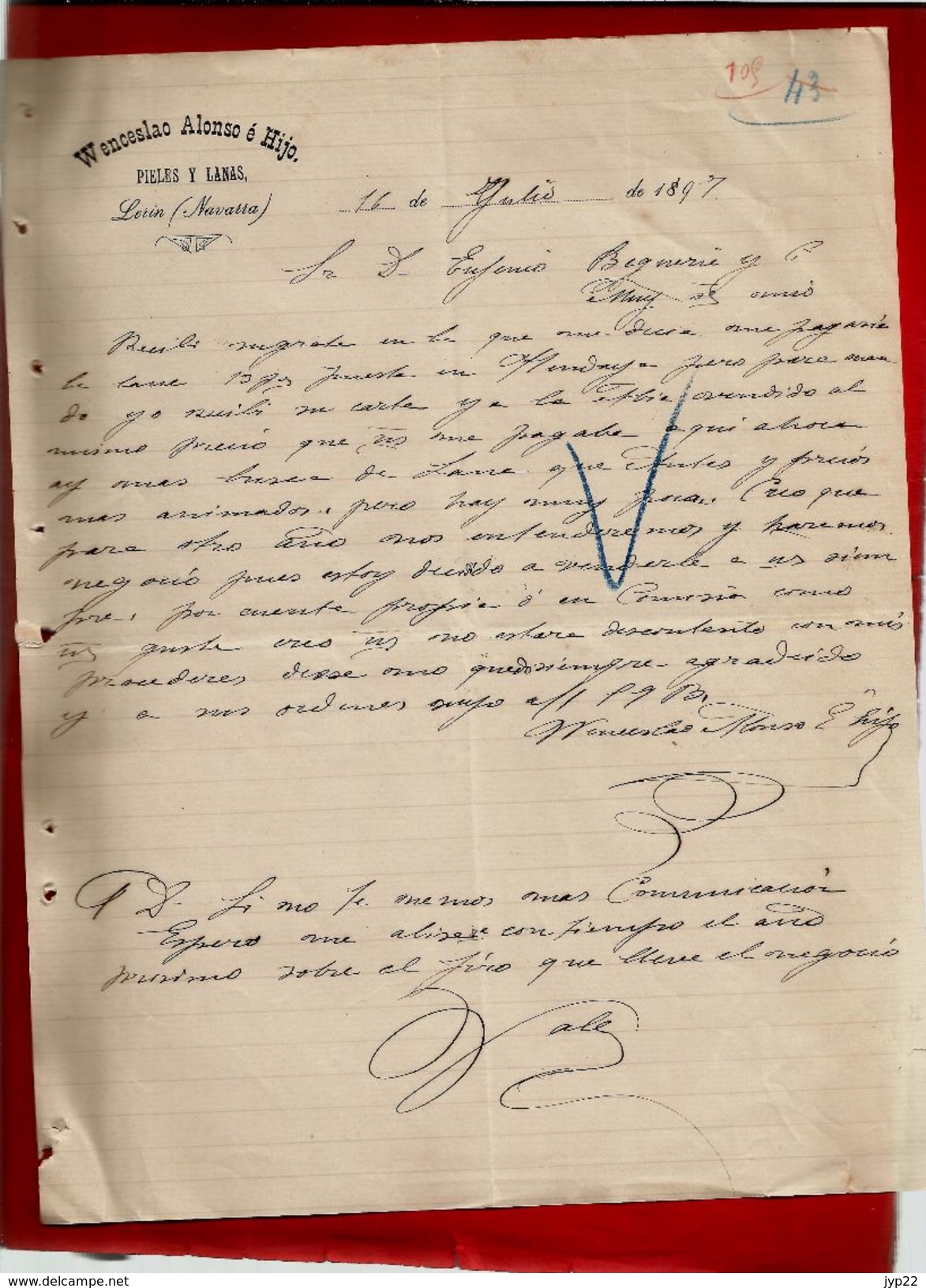 Courrier Espagne Wenceslao Alonso E Hijo Pieles Y Lanas Lerin Navarra 16-07-1897 - écrit En Espagnol - Espagne