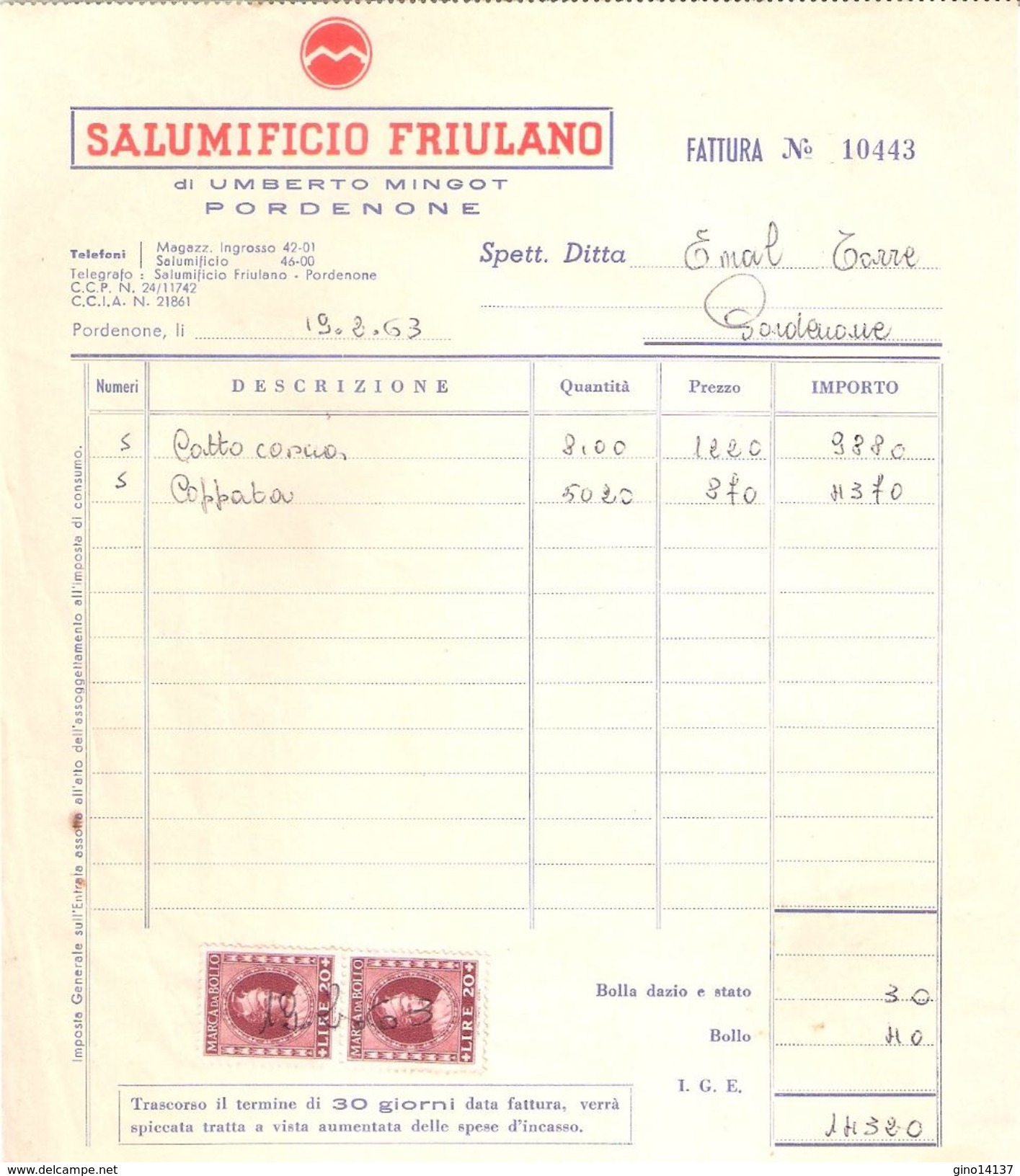 FATTURA Con Marca Da Bollo SALUMIFICIO FRIULANO - Umberto Mingot Pordenone 1963 - Italie