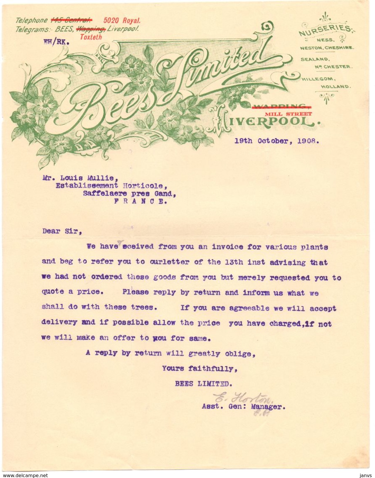 Brief Lettre - Bees Limited - Liverpool 1908 - Zaffelare Bij Gent - Louis Mullie - Verenigd-Koninkrijk