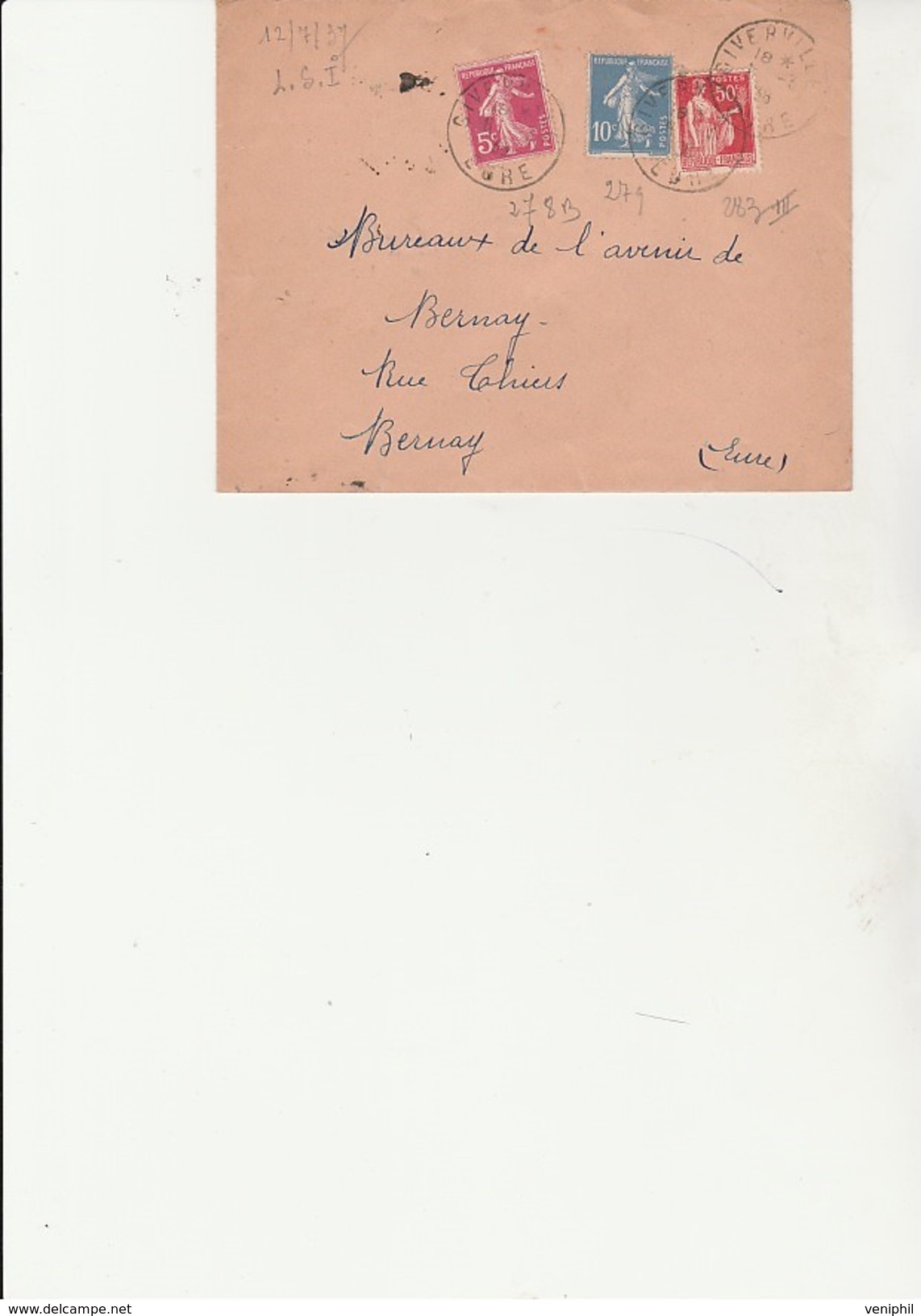 LETTRE AFFRANCHIE N° 278 B + 279 + 283  OBLITERE CACHET A DATE : GIVERVILLE -EURE  - 1938 - 1921-1960: Période Moderne